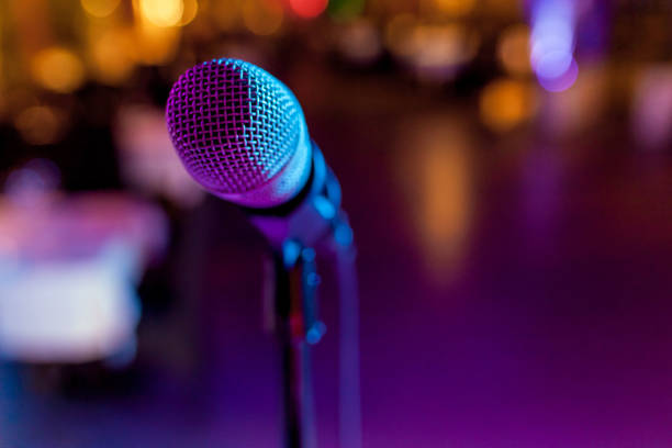 the microphone against the background of restaurant - microphone stage music popular music concert imagens e fotografias de stock