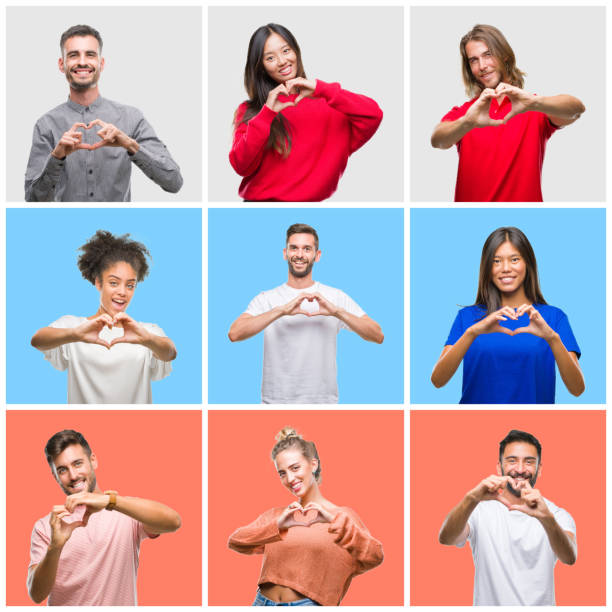 collage of group of young people over colorful isolated background smiling in love showing heart symbol and shape with hands. romantic concept. - made man object imagens e fotografias de stock