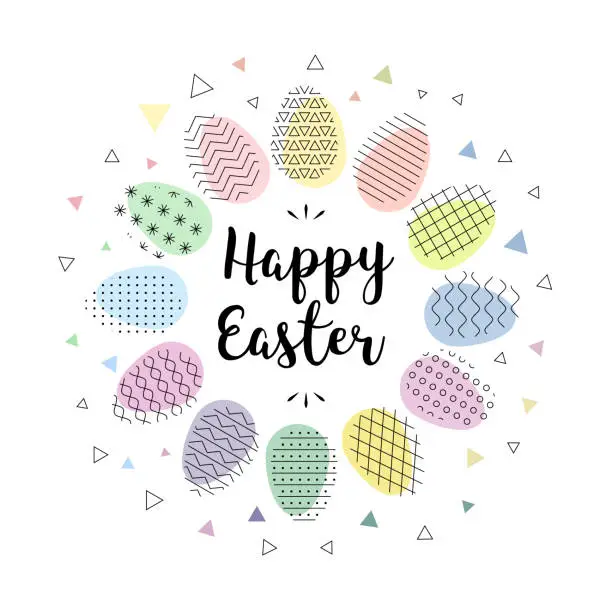 Vector illustration of Happy Easter. Hand lettering script over abstract background with colorful Easter eggs.