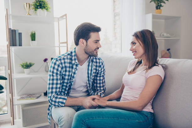 istock Profile side view portrait of two nice lovely winsome attractive 1124454816