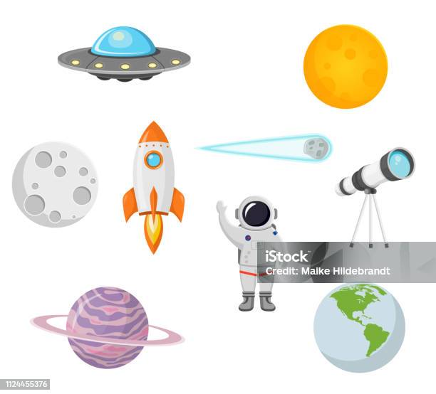 Space Collection With Moon Sun Rocket Astronaut Planet Ufo And Comet Flat Design Isolated On White Background Stock Illustration - Download Image Now