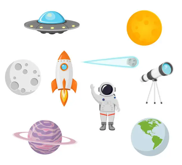 Vector illustration of space collection with moon, sun, rocket, astronaut, planet, ufo and comet flat design isolated on white background