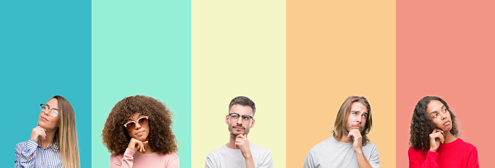 Collage of group of young people over colorful vintage isolated background with hand on chin thinking about question, pensive expression. Smiling with thoughtful face. Doubt concept.