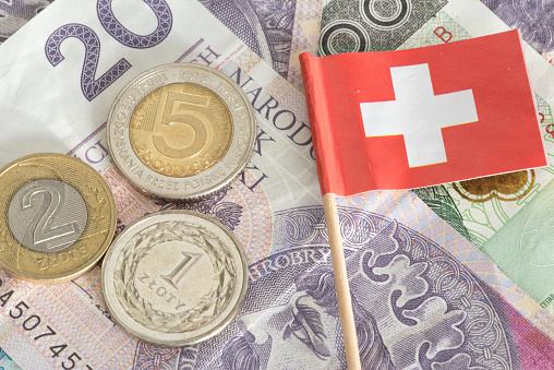 Banknotes and coins Polish zloty PLN and the flag of Switzerland