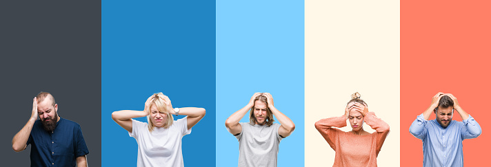 Collage of casual young people over colorful stripes isolated background suffering from headache desperate and stressed because pain and migraine. Hands on head.