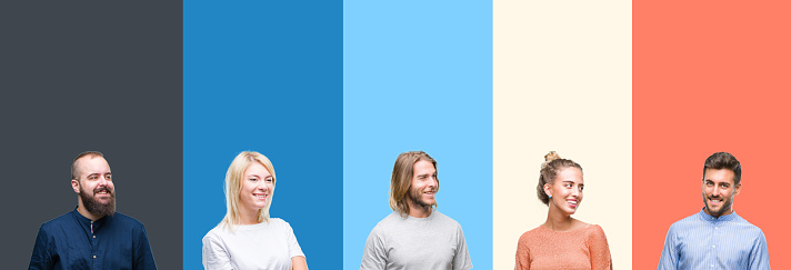 Collage of casual young people over colorful stripes isolated background looking away to side with smile on face, natural expression. Laughing confident.