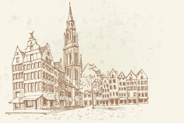 Vector illustration of Grote Markt square in Antwerpen, Belgium.