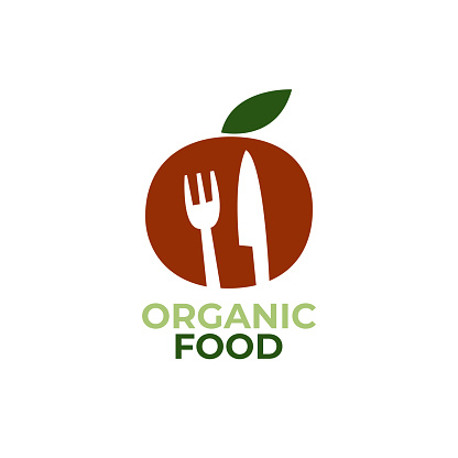 Organic Food Logo Template. Vegetarian restaurant logo. Modern minimal food logotype with fork and knife. Vector illustration for cafe, restaurant, cooking business.
