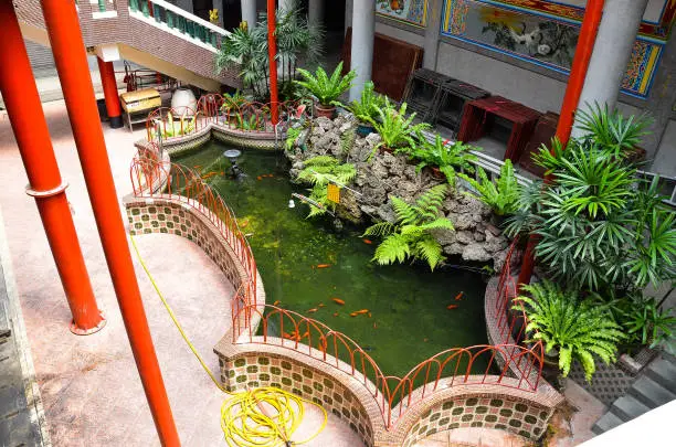 Photo of Taoyuan, Taiwan - June 30, 2018:Chinese-style pond in the temple.