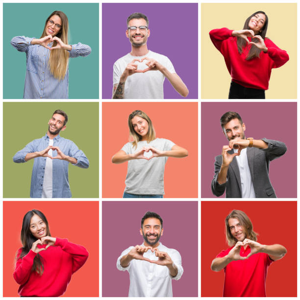 collage of group people, women and men over colorful isolated background smiling in love showing heart symbol and shape with hands. romantic concept. - made man object imagens e fotografias de stock