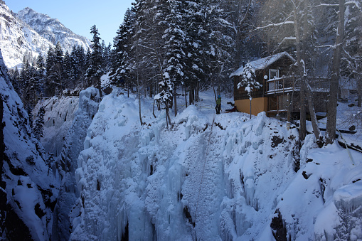 Ouray, Colorado - December 29, 2018: Unidentified people climbing in the Ouray Ice Park In Ouray, Colorado