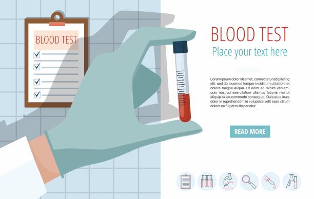 Doctor's hand holding blood sample. Template with icons and text Doctor's hand holding blood sample. Vector template with icons and text blood testing stock illustrations