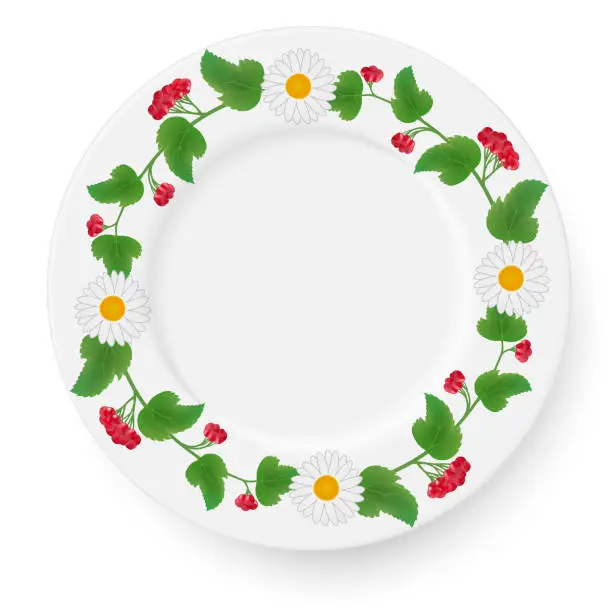 Vector illustration of Plate with a pattern of viburnum and daisies gerberas on a white background. Also suitable for decoration autumn compositions. Vector