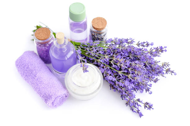 istock Spa products and lavender flowers on a white background 1124472335