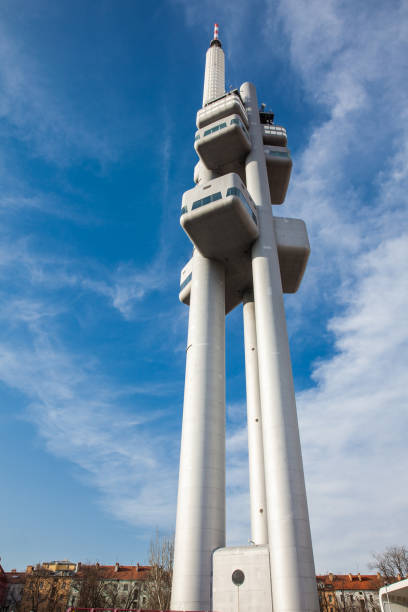 PRAGUE, CZECH REPUBLIC - APRIL, 2018: Zizkov Television Tower a unique transmitter tower designed by the architect Vaclav Aulicky and the structural engineer Jiri Kozak