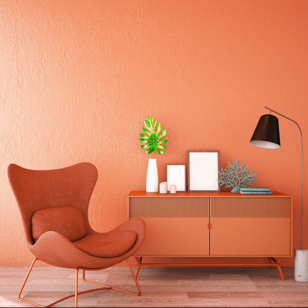 istock interior design for living area or reception with sofa,plant,sidetable,props on wood floor and coral wall in Scandinavian style background / 3d illustration,3d rendering 1124473534