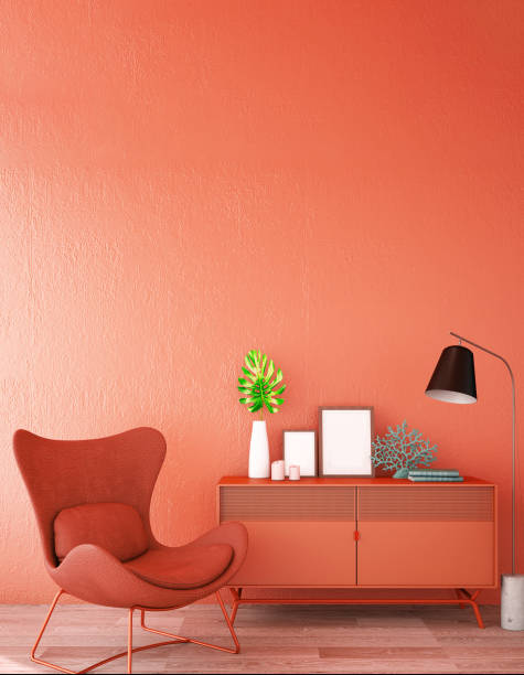 istock interior design for living area or reception with sofa,plant,sidetable,props on wood floor and coral wall in Scandinavian style background / 3d illustration,3d rendering 1124473643
