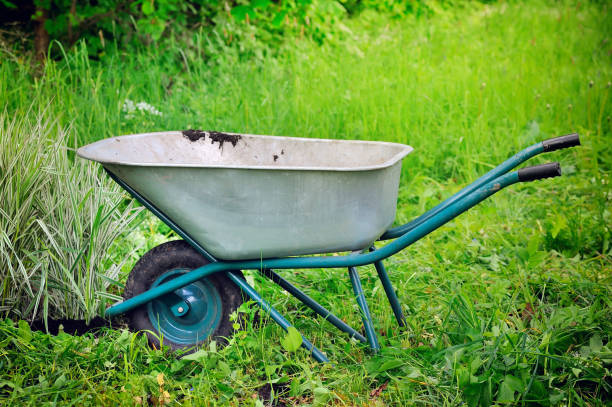 istock Old wheelbarrow on a green grass field background 1124473843