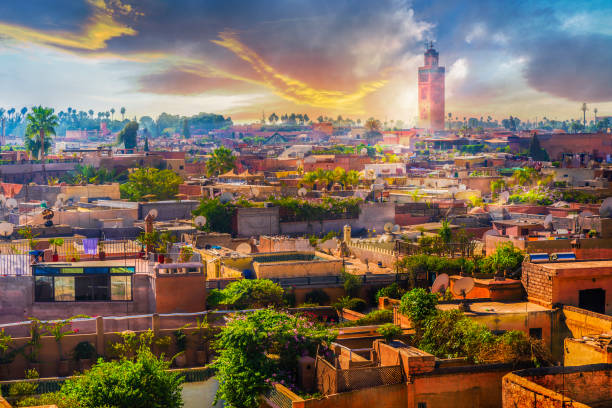 panoramik manzaralarını sunan marrakech, morocoo - morocco stok fotoğraflar ve resimler