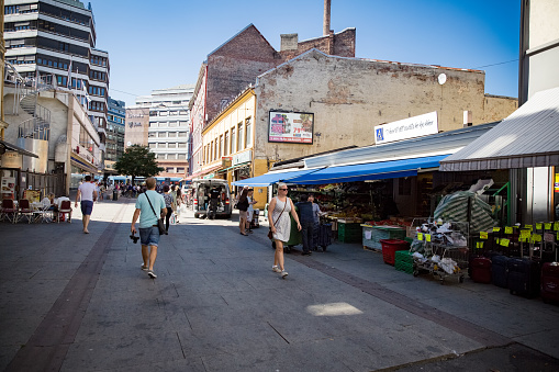 OSLO, NORWAY - JULY 04, 2018: Central streets of Oslo in summer sunny day. People walking