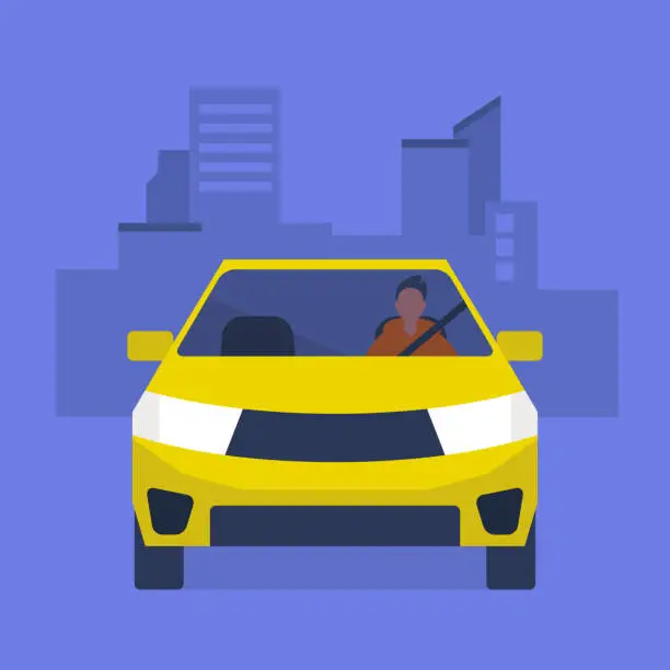 Vector illustration of Young male character driving a yellow car. Urban lifestyle. Taxi service. Flat editable vector illustration, clip art