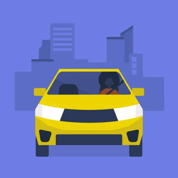 Vector illustration of Young black character driving a yellow car. Urban lifestyle. Taxi service. Flat editable vector illustration, clip art