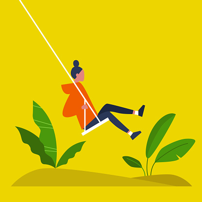 Young female character swinging on a swing. Modern lifestyle. Summer. Having fun. Flat editable vector illustration, clip art
