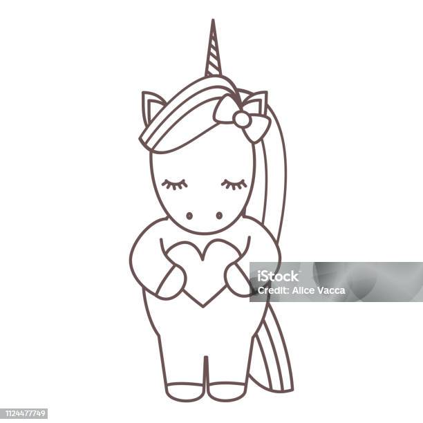 Cute Cartoon Black And White Unicorn With Heart Vector Illustration Stock Illustration - Download Image Now