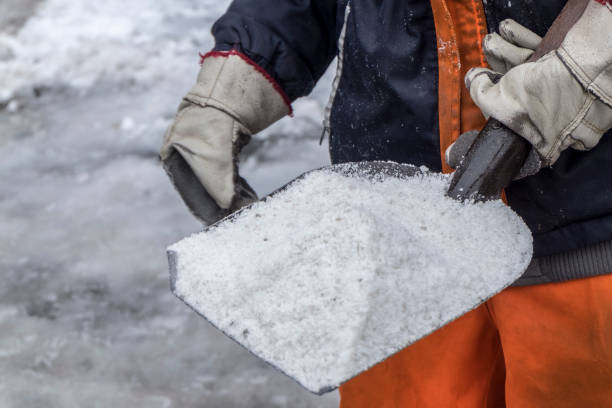istock Winter.Worker spreading salt on icy sidewalk 1124477803