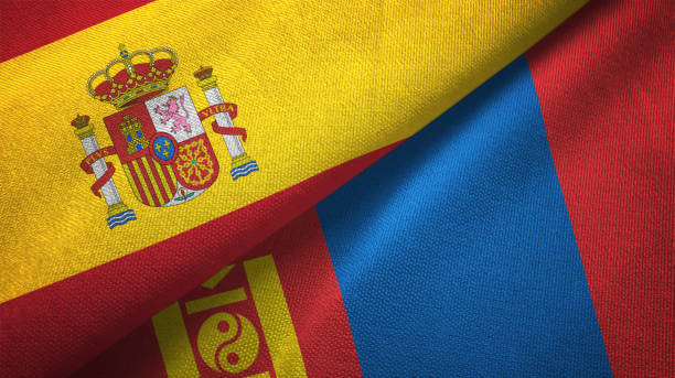 istock Mongolia and Spain two flags together textile cloth, fabric texture 1124477819