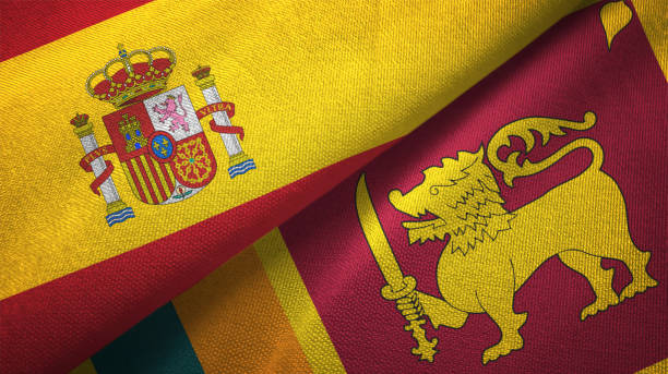 istock Sri Lanka and Spain two flags together textile cloth, fabric texture 1124478525