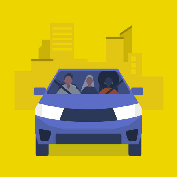 Car pool taxi service. Passengers in a yellow car. Urban lifestyle. Flat editable vector illustration, clip art Car pool taxi service. Passengers in a yellow car. Urban lifestyle. Flat editable vector illustration, clip art car pooling stock illustrations