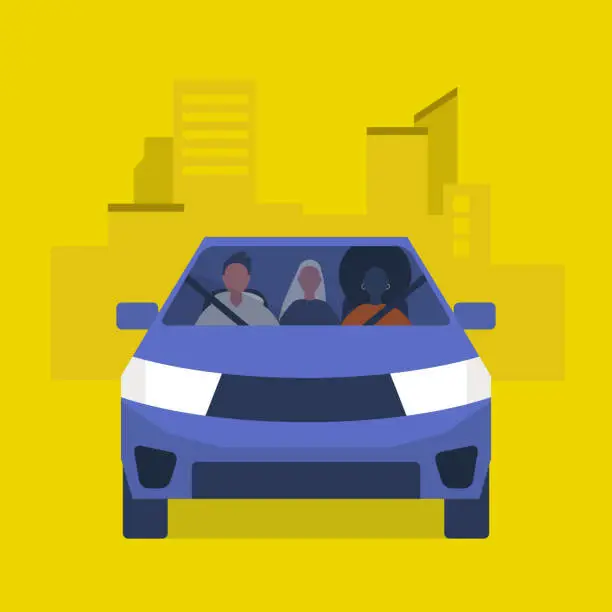 Vector illustration of Car pool taxi service. Passengers in a yellow car. Urban lifestyle. Flat editable vector illustration, clip art