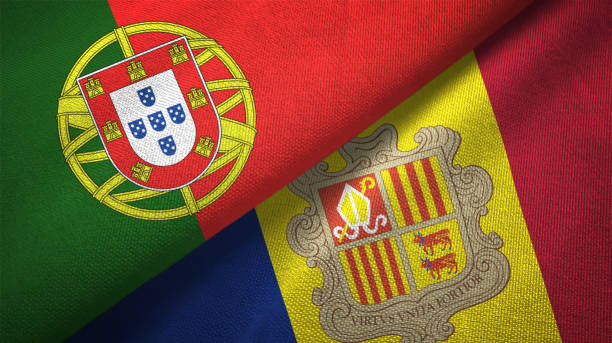 istock Andorra and Portugal two flags together textile cloth, fabric texture 1124479503