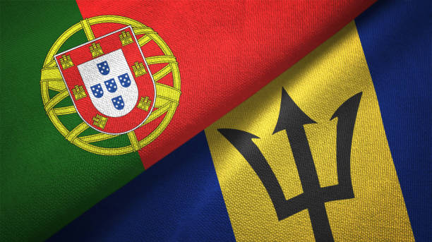 istock Barbados and Portugal two flags together textile cloth, fabric texture 1124479526