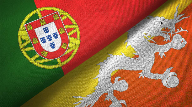 istock Bhutan and Portugal two flags together textile cloth, fabric texture 1124479553