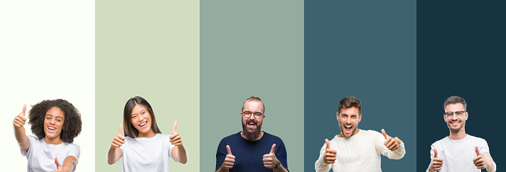 Collage of group of young people over colorful isolated background approving doing positive gesture with hand, thumbs up smiling and happy for success. Looking at the camera, winner gesture.