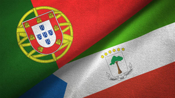 istock Equatorial Guinea and Portugal two flags together textile cloth, fabric texture 1124479922