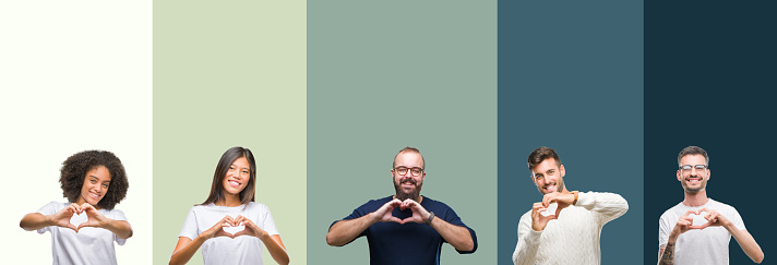Collage of group of young people over colorful isolated background smiling in love showing heart symbol and shape with hands. Romantic concept.