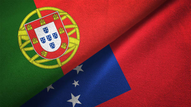 istock Samoa and Portugal two flags together textile cloth, fabric texture 1124481880