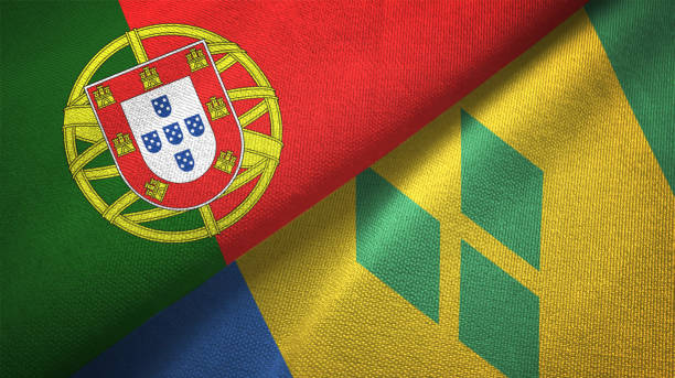 istock Saint Vincent and the Grenadines and Portugal two flags together textile cloth, fabric texture 1124481908