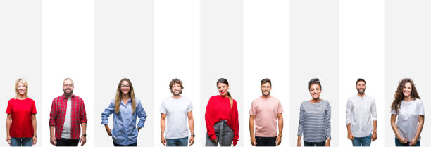 istock Collage of different ethnics young people over white stripes isolated background with a happy and cool smile on face. Lucky person. 1124482927