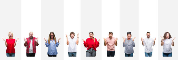istock Collage of different ethnics young people over white stripes isolated background celebrating crazy and amazed for success with arms raised and open eyes screaming excited. Winner concept 1124483082