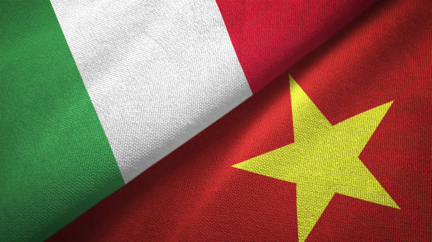 istock Vietnam and Italy two flags together textile cloth, fabric texture 1124484704