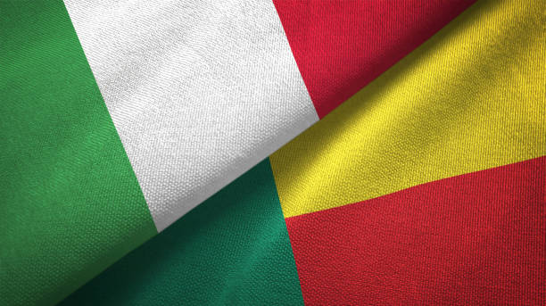 istock Benin and Italy two flags together textile cloth, fabric texture 1124484733