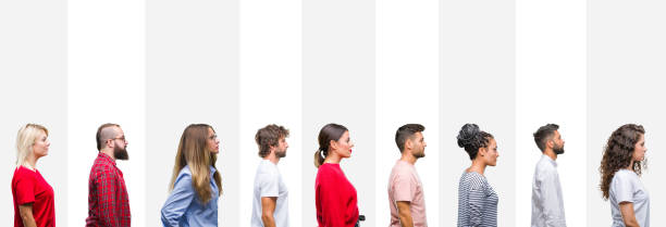 istock Collage of different ethnics young people over white stripes isolated background looking to side, relax profile pose with natural face with confident smile. 1124484989