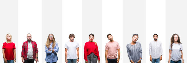 istock Collage of different ethnics young people over white stripes isolated background making fish face with lips, crazy and comical gesture. Funny expression. 1124485646