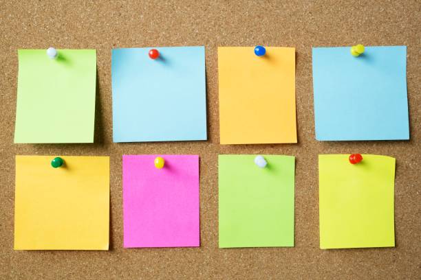 istock close up post it notes in the wall at meeting room. Sticky note paper reminder schedule board. Colorful variety copy empty space. soft focus. 1124486309