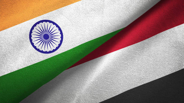 istock Yemen and India two flags together textile cloth, fabric texture 1124486903