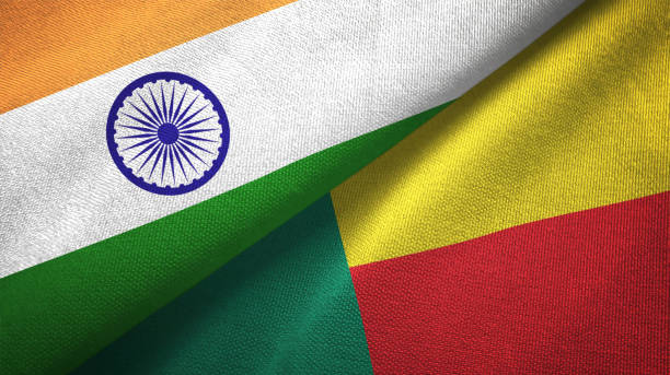 istock Benin and India two flags together textile cloth, fabric texture 1124487026